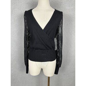 Madden Girl Juniors' Women's Surplice-Neck Lace-Sleeve Sweater Black Small NWT's